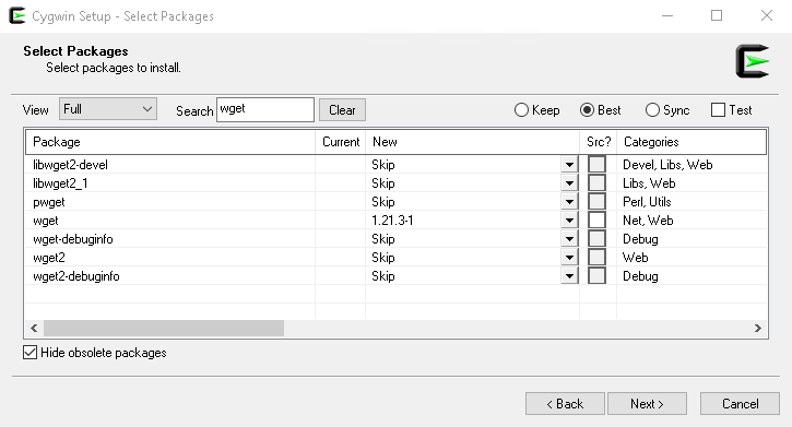 Cygwin package install screen