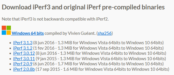 List of pre-compiled iPerf3 binaries for WIndows